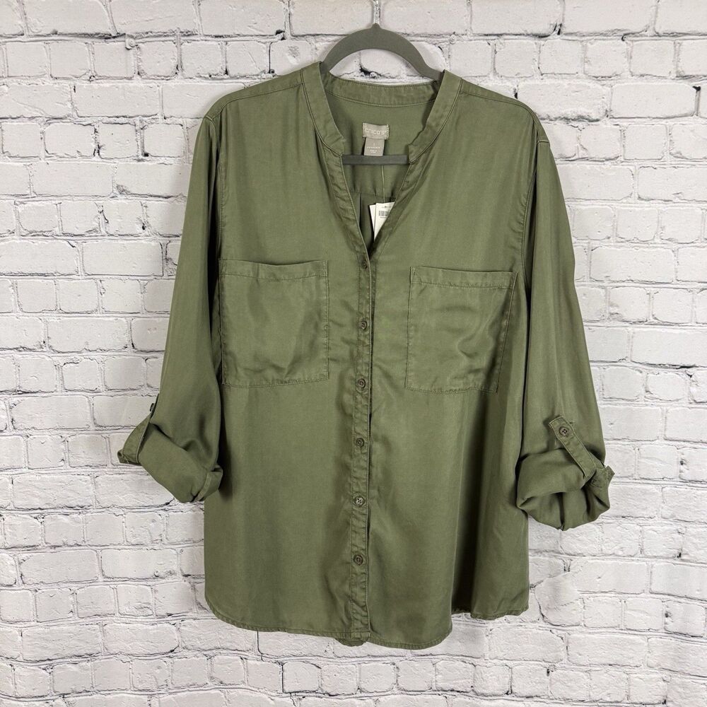 Chico’s Olive Green Utility Button Front Shirt Roll Tab Sleeve 3, US (16/18-XL)